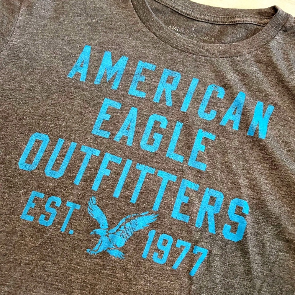 American Eagle Graphic T-Shirt Mens L Gray Blue Long Sleeve Logo Est 1977 Tee